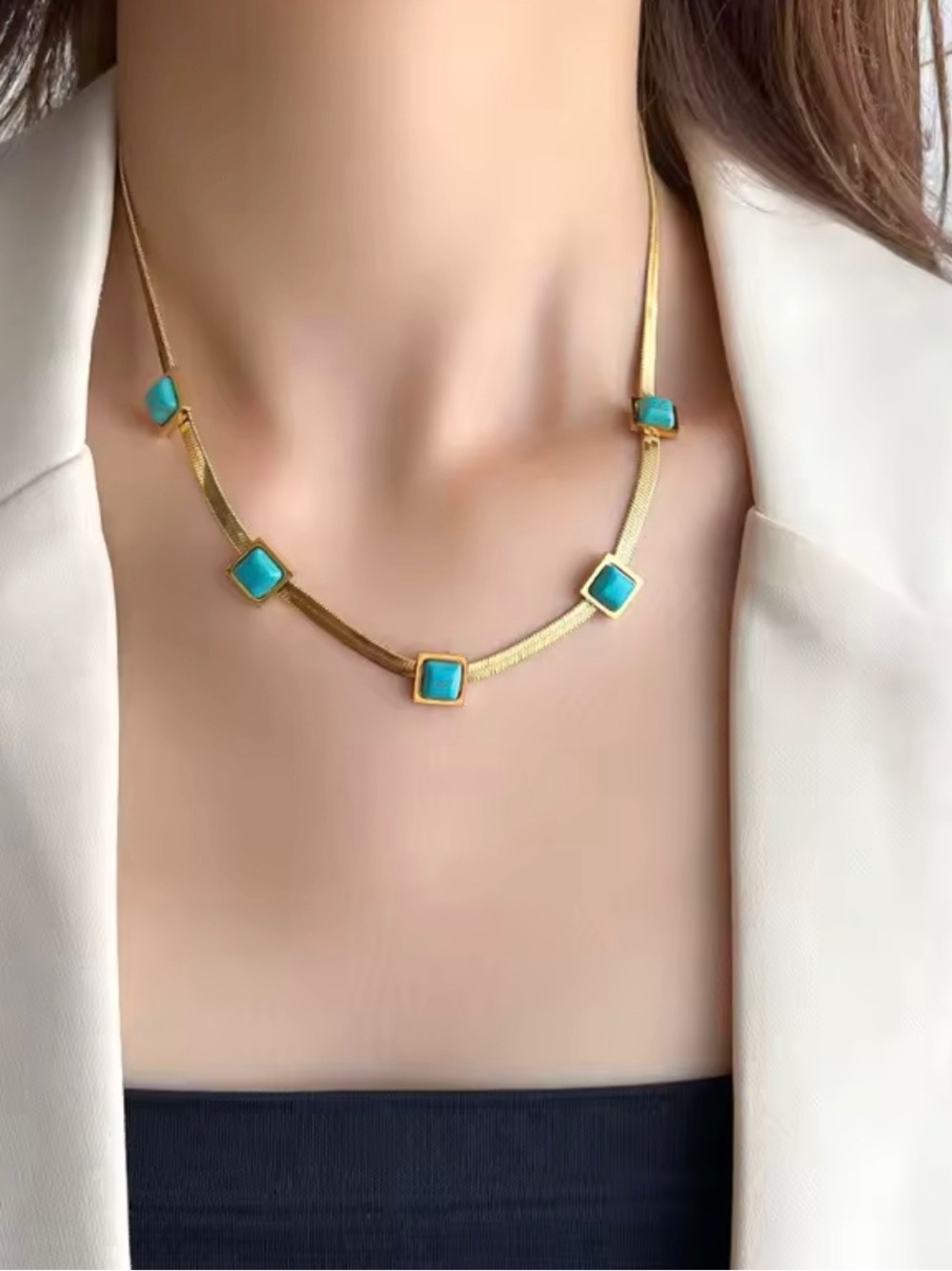 Anthropologie Gold Tone Necklace 5 Turquoise Color Square Cabochones NWOT